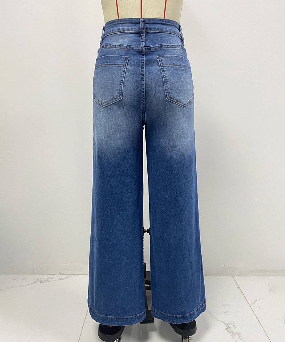 Blå Broderede brede strækjeans for engroshandel på Faire5