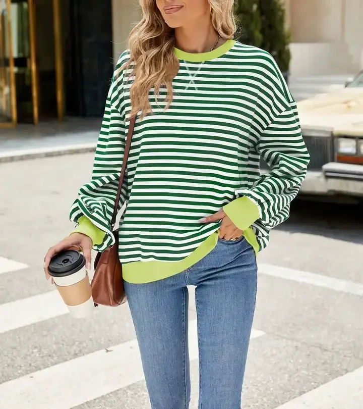 Lovesoft - Wholesale Knit Sweater - Women's - Striped Crew Neck Contrast Color Loose Long Sleeve Sweater12