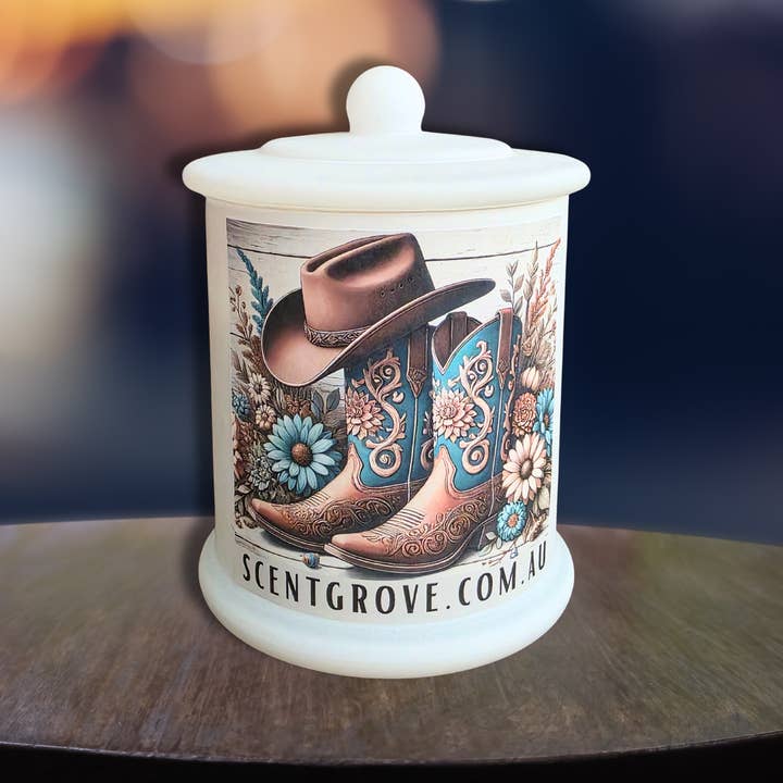 Country Western Wood Wick Soy Candle XL matte white jar for wholesale by Scent Grove