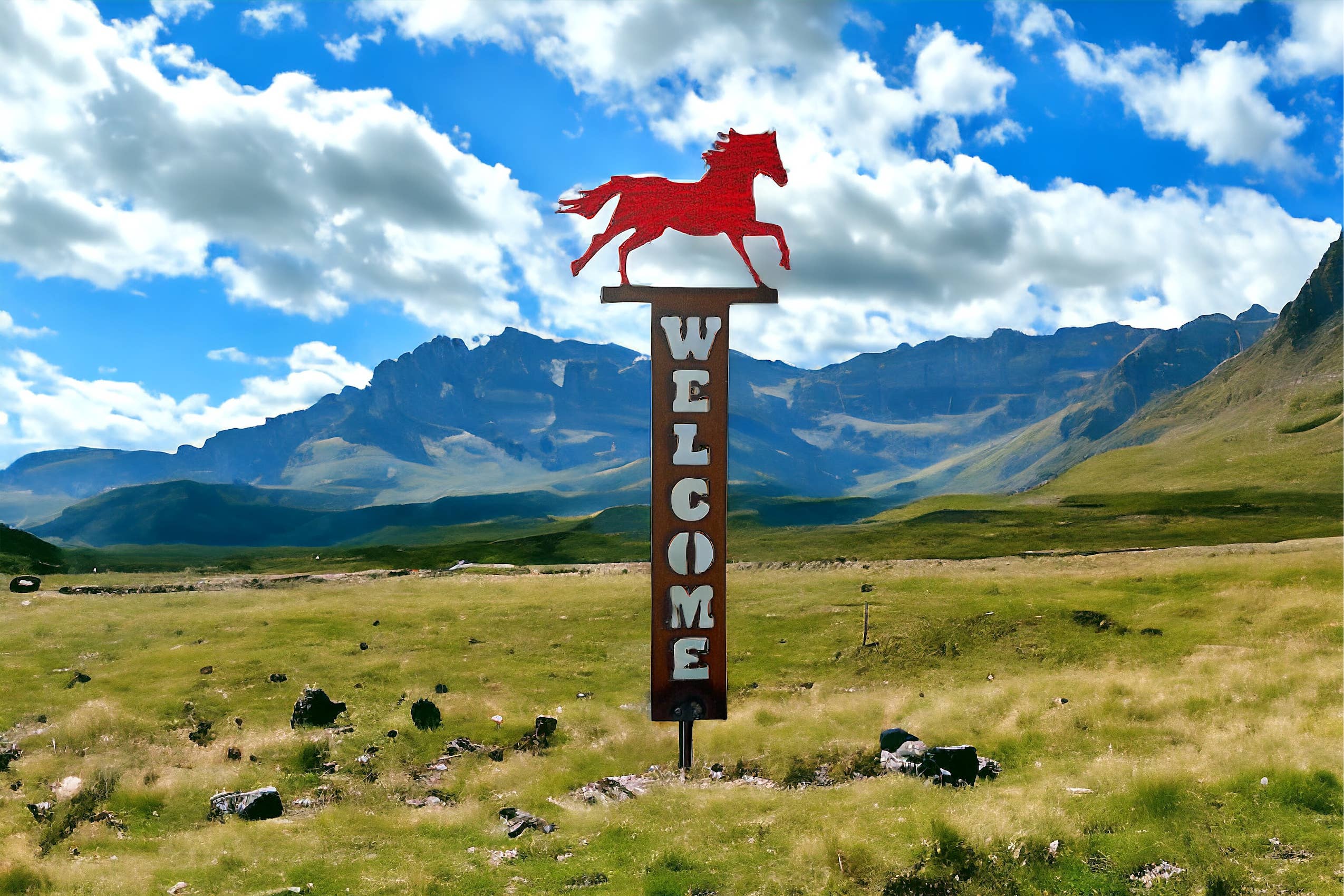 Whimsies – Estaca de jardim/relva por atacado – Cavalo bem-vindo sinal jardim estaca decorações ocidentais Farm eco3