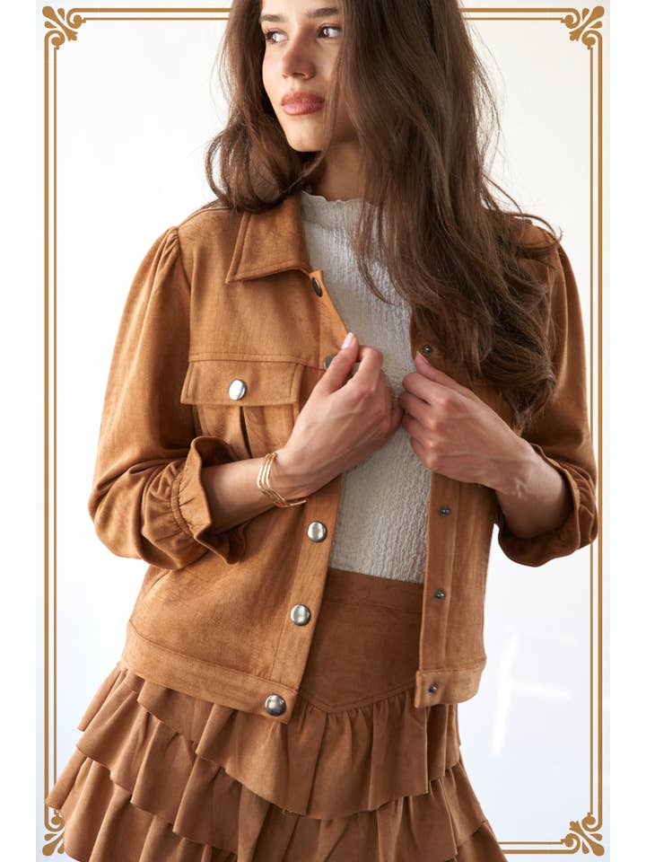 CAMEL SUEDE CROPPED JACKET UTILITY POCKETS (ST7186) for wholesale on Faire