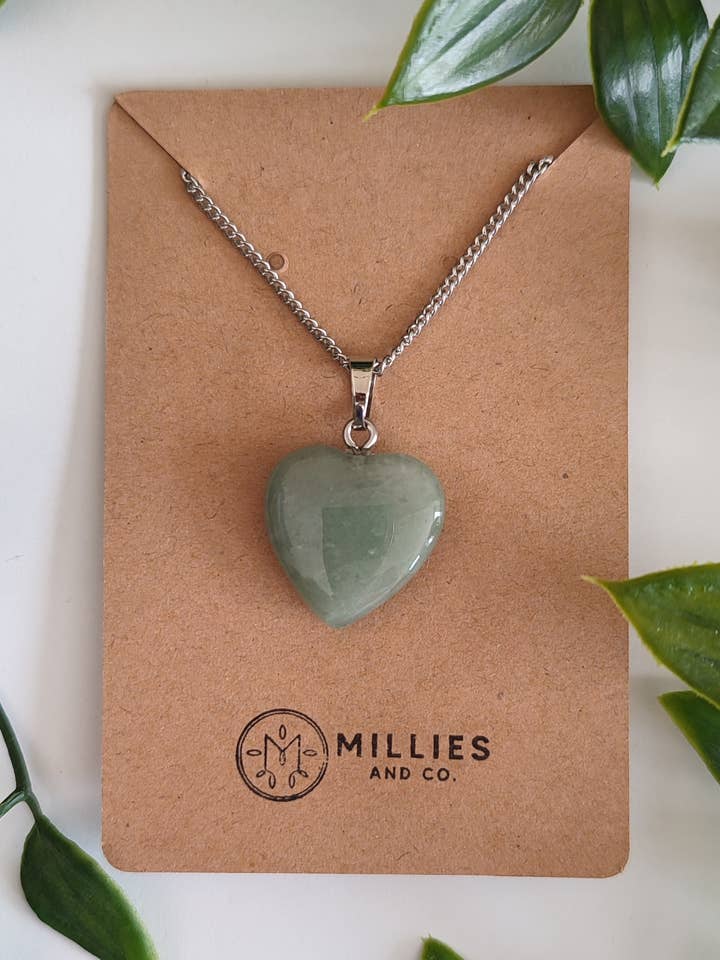 Natural green adventurine heart pendant necklace for wholesale by Millies and co.
