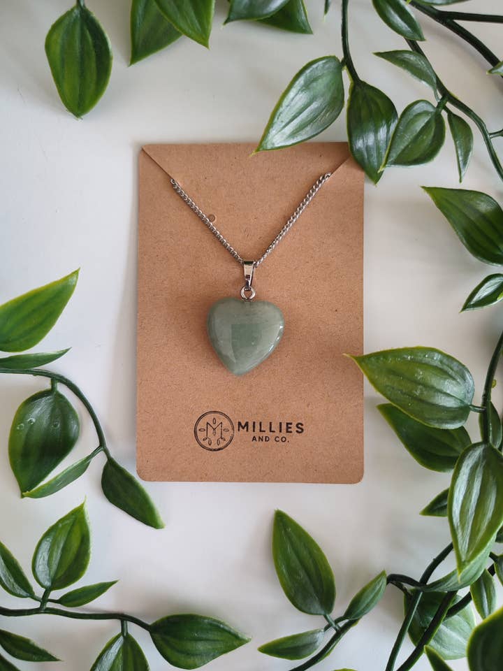 Natural green adventurine heart pendant necklace for wholesale by Millies and co.