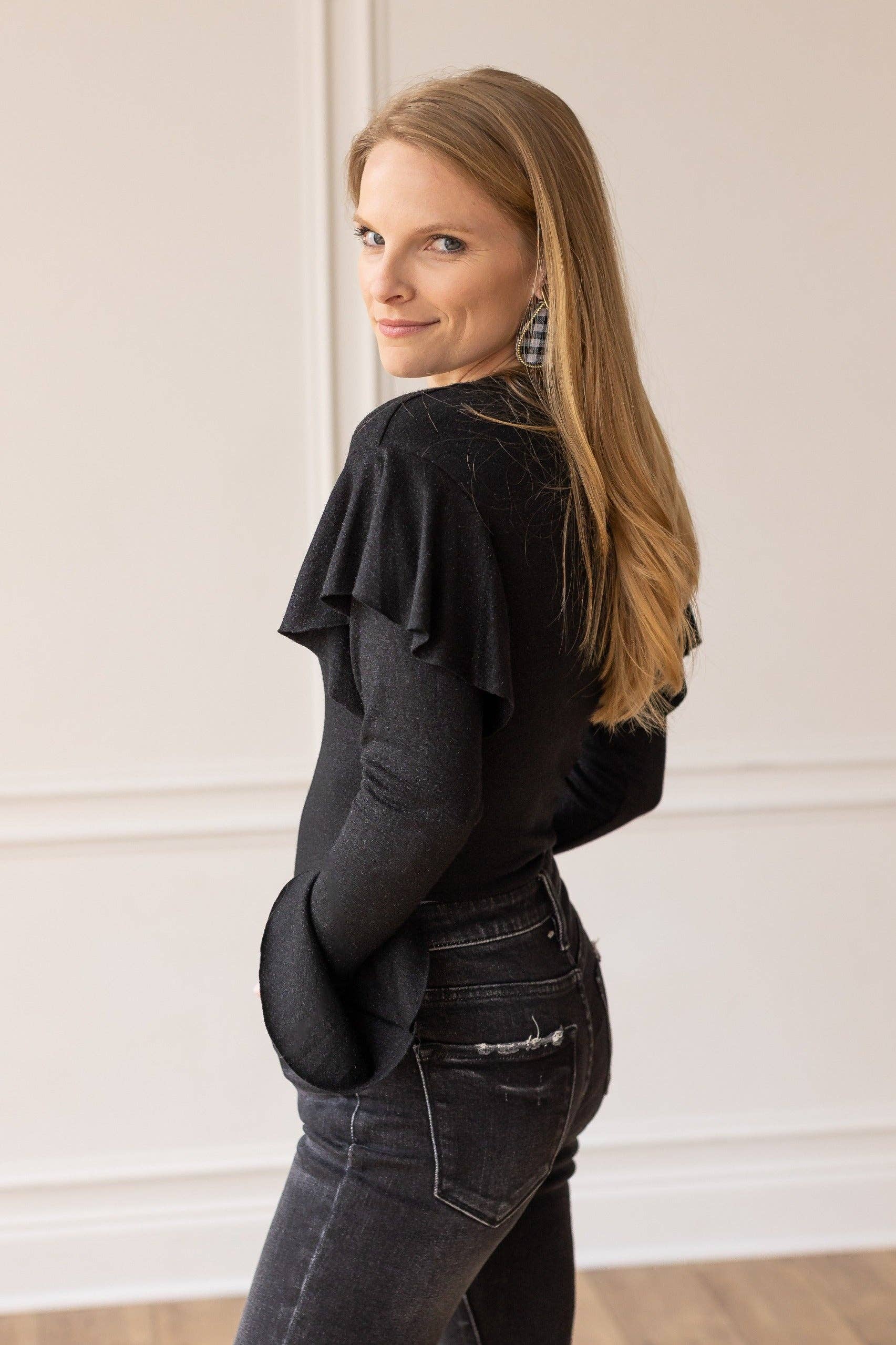 Black Shimmer Bodysuit with Ruffle Shoulder Sleeve for wholesale on Faire3