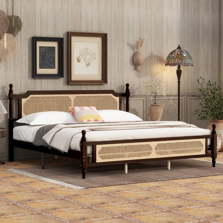 39F Inc. - Wholesale Bed - King Pine Wooden Bed with Rattan Headboard and Footboard