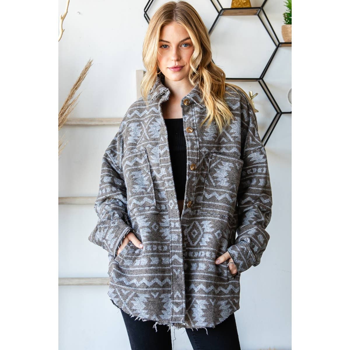 Grey Oilve Oversize Aztec Long Fit Jacket for wholesale on Faire5