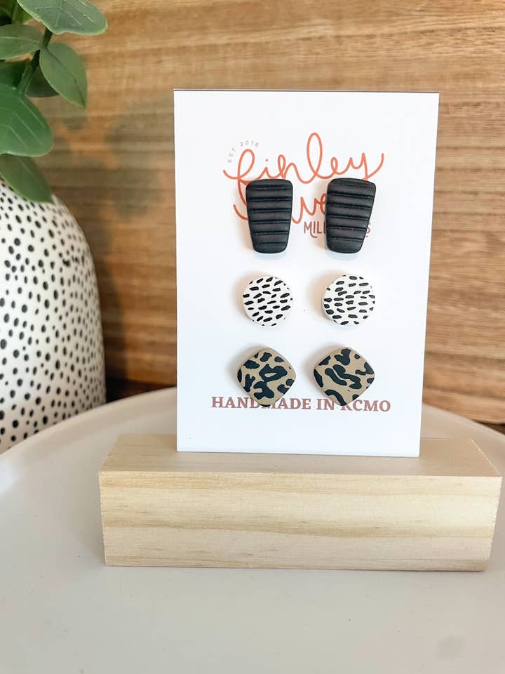 Leopard/Dash Studs | Triple Pack | Clay Earrings for wholesale by Finley River | Trendy Polymer Clay Earrings | Hypoallergenic