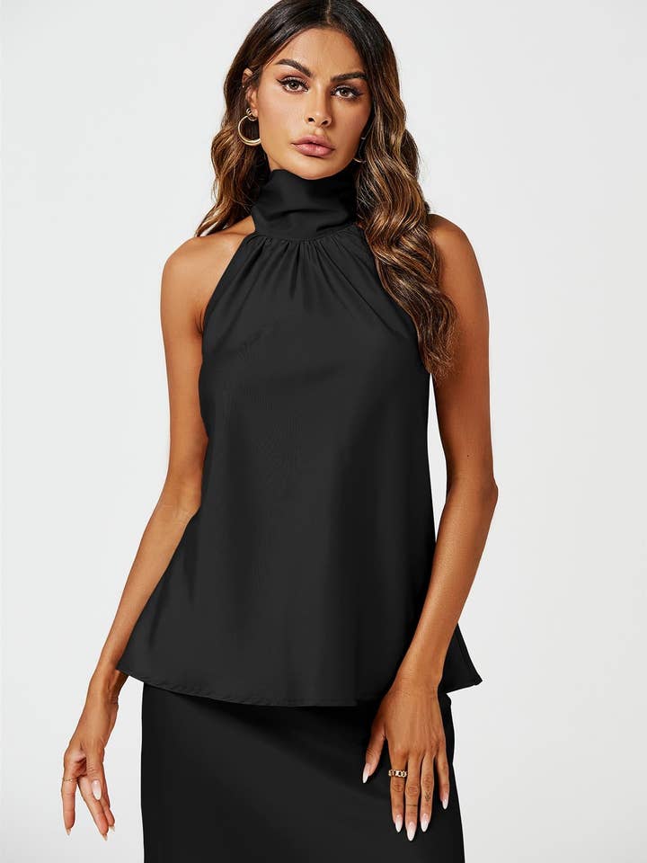 Satin Halter Neck Tie Back Top In Black for wholesale on Faire