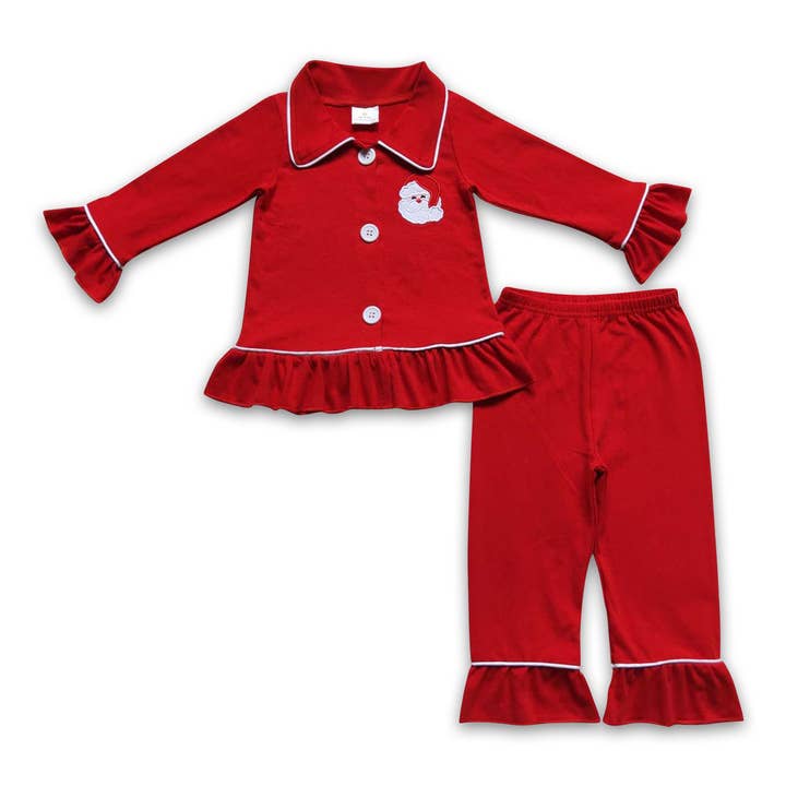Red santa ruffle girls Christmas pajamas for wholesale by Yawoo Garments
