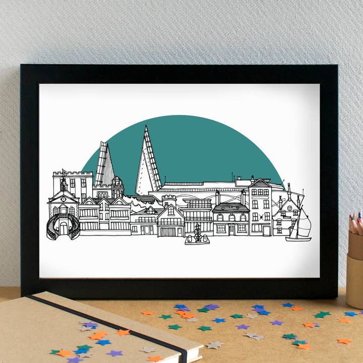 Poole Skyline Landmarks Art Print - unframed for wholesale by Becka Griffin Illustration