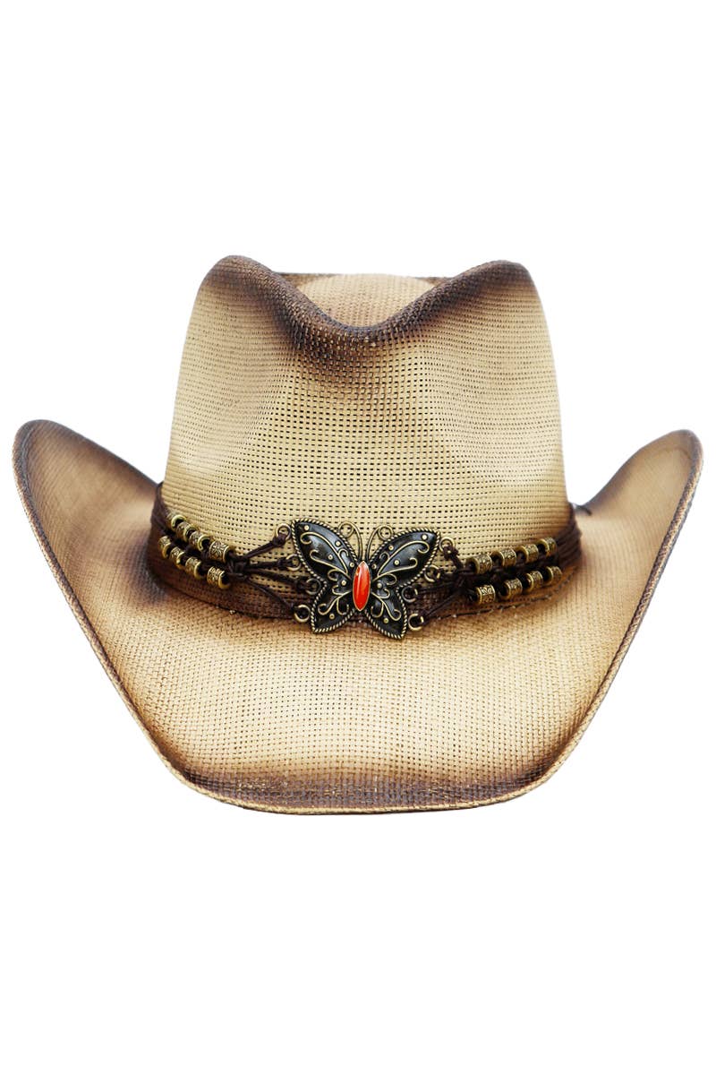 Cap Zone - Wholesale Cowboy Hat - Women's - Butterfly Emblem Waxed String Straw Cowboy Hat14