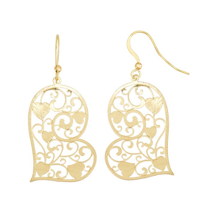 Luxe on Main LLC - Wholesale Dangle Earrings - Gold Tone Dangle Heart Earrings with Filigree Hearts1