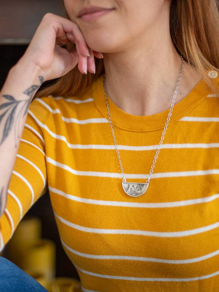 Demi crescent necklace- b&w botanicals, nature, garden for wholesale by joeyfivecents