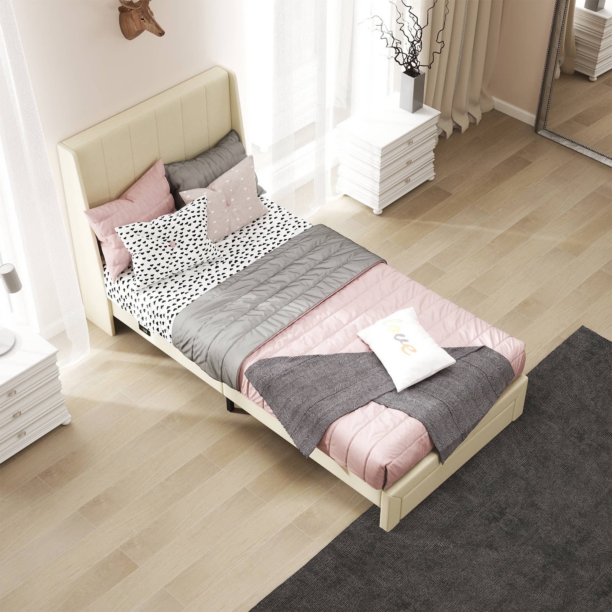 HOMYCASA DESIGN INC - Wholesale Bed - Twin Upholstered Storage Bed Frame with USB Ports - Beige1