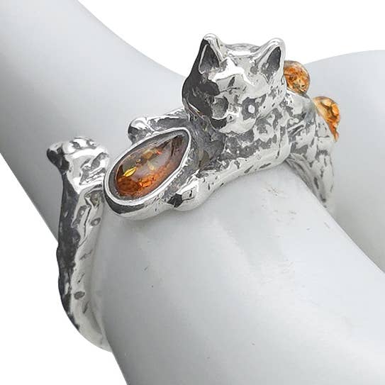 Anello regolabile in argento sterling con ambra cognac a forma di gatto per la vendita all'ingrosso da parte di Amberman
