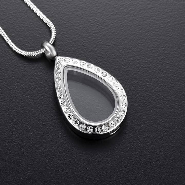 Silver Teardrop With Rhinestones Cremation Urn Necklace for wholesale by Cherished Emblems
