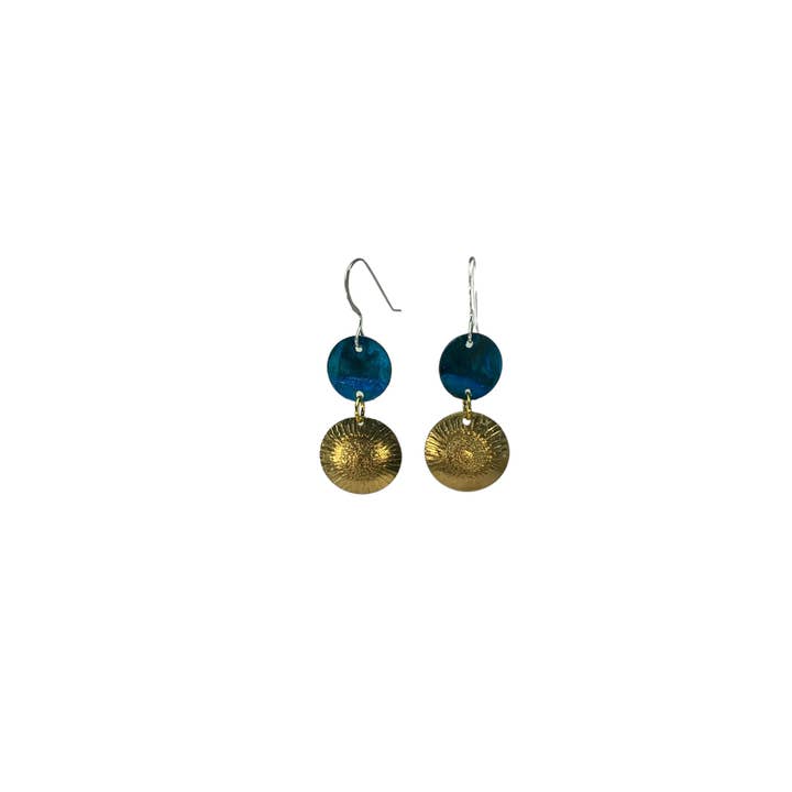 Sunflower Earring 3 in Brass with Blue Patina Disc for wholesale by David Stepan
