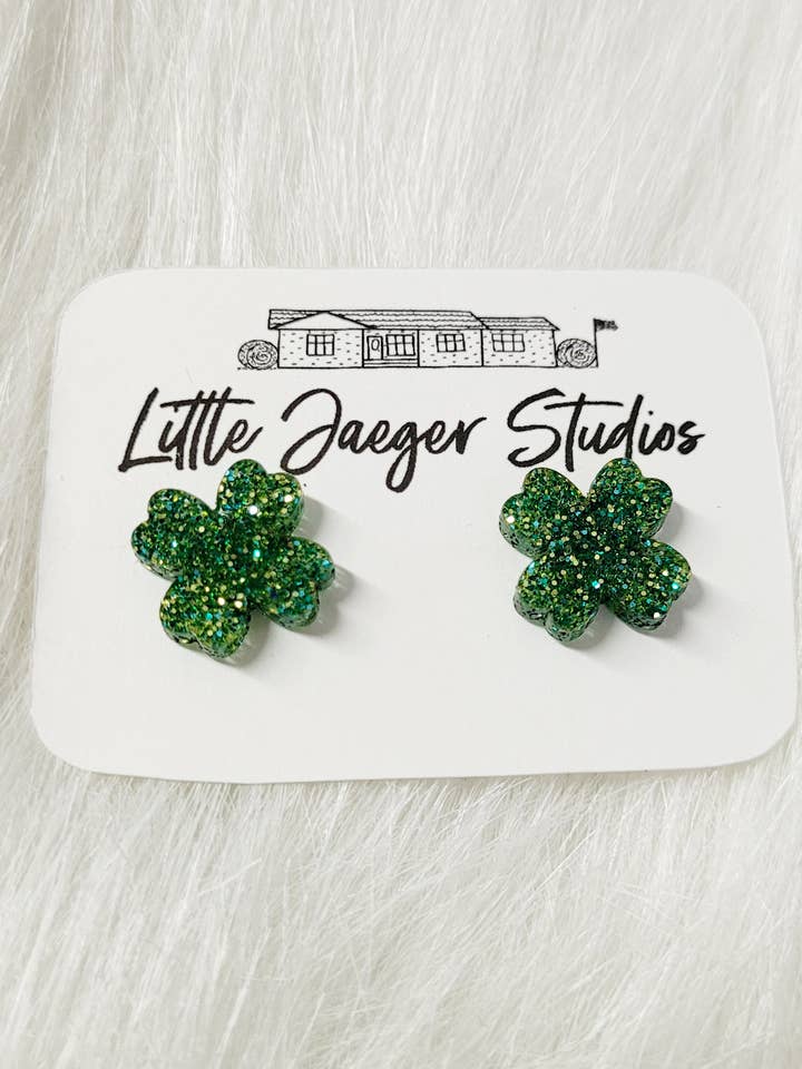Shamrock Saint Patrick Glitter Acrylic Handmade Studs for wholesale by Little Jaeger Studios