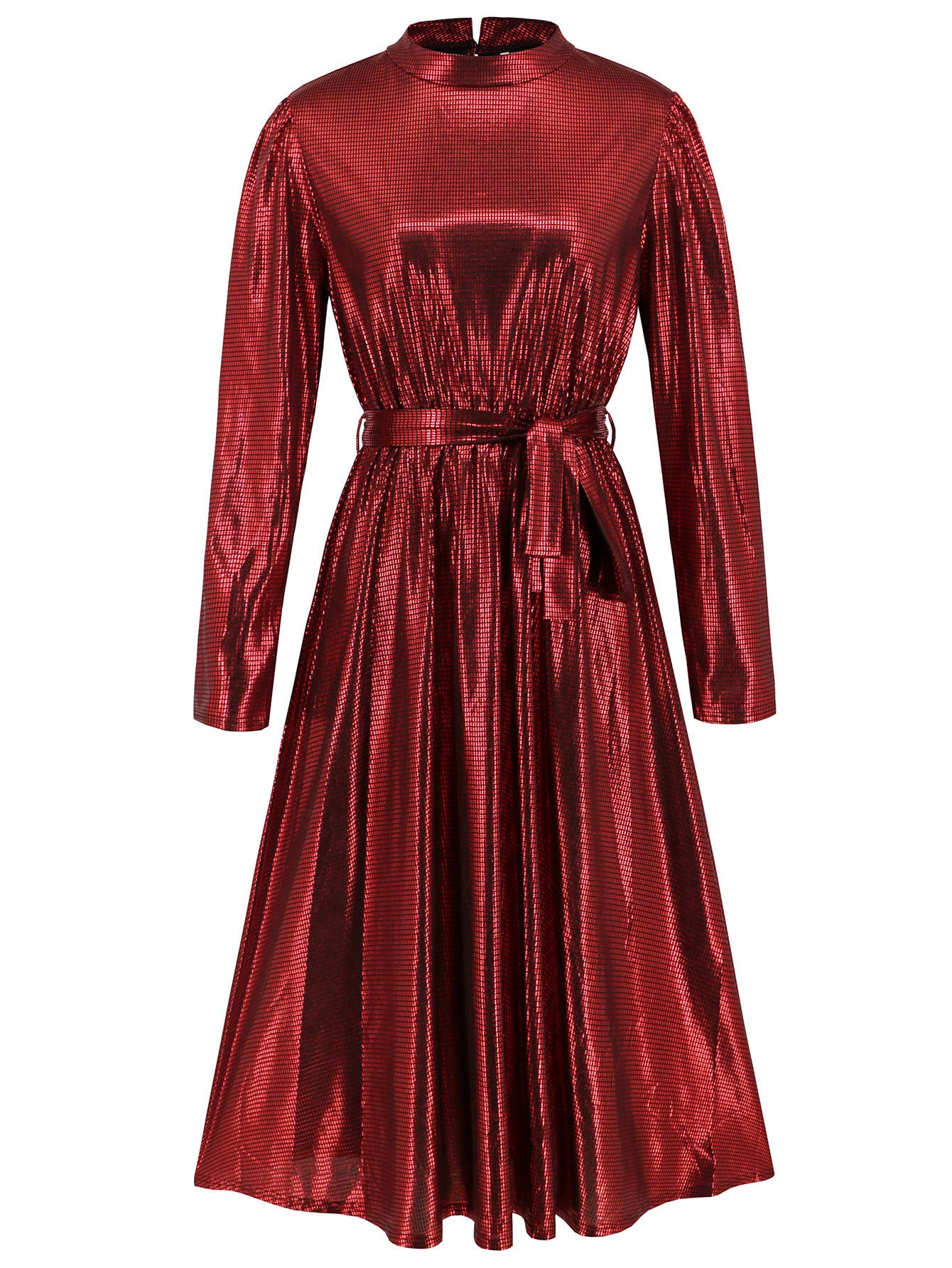 HIDDENBRAND - Wholesale Dress - Women's - Shiny Crewneck With A Large Swing Midi Dress0