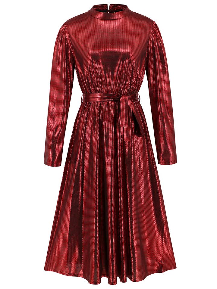 HIDDENBRAND - Wholesale Dress - Women's - Shiny Crewneck With A Large Swing Midi Dress