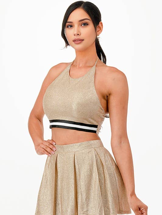 A2630-Ensemble Débardeur à Col Noué Pailleté & Mini Jupe-Short pour la vente par April Moon