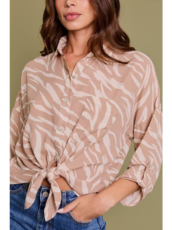 Taupe ivory Abstract ROLL-UP SLEEVE BUTTON DOWN BOTTOM TIE TOP for wholesale on Faire