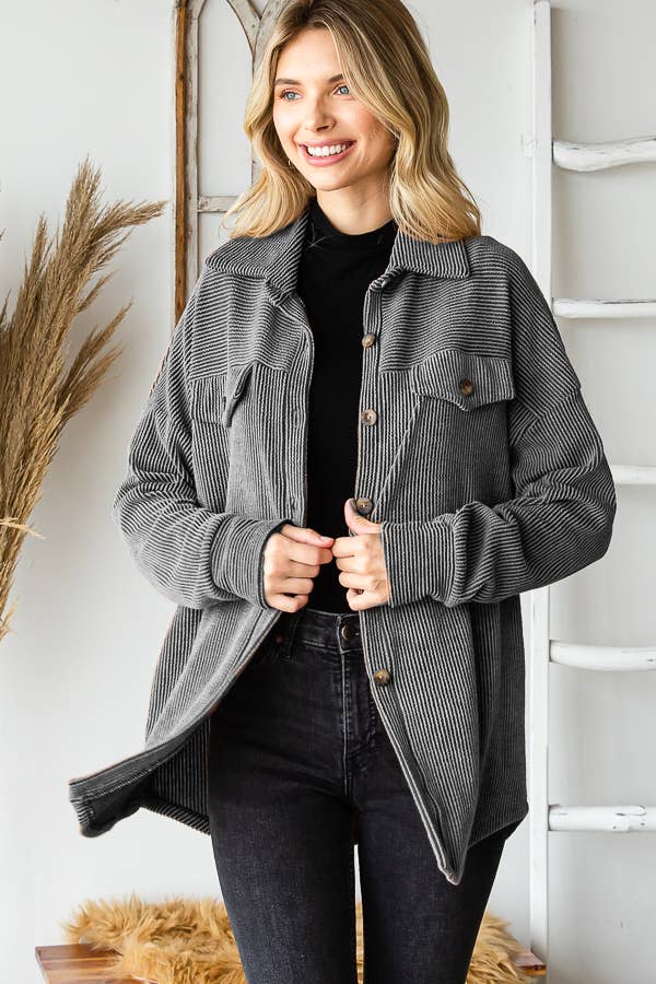 7th Ray - Wholesale Button Down Shirt - Women's - Rib Drop Shoulder Patch Pockets Button Down Shacket T480613