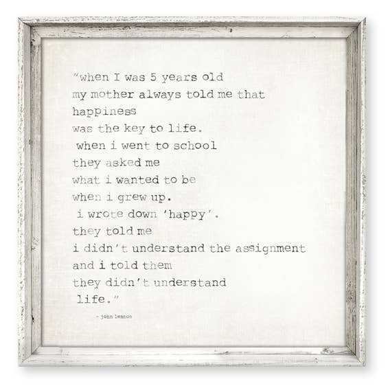 'Happiness' John Lennon Quote Framed Canvas Wall Art for wholesale by Sweet Gumball Inc.