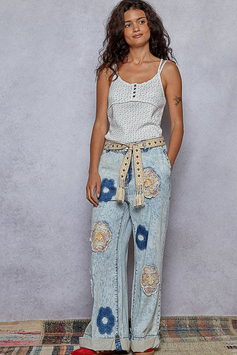 Pol Clothing - Wholesale Pants - Women's - Floral Patchwork Rolled-up Denim Straight Pants12