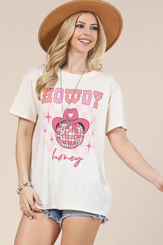 Avery - Venta al por mayor Camiseta serigrafiada - Mujer - CAMISETA DE MANGA CORTA CON ESTAMPADO HOWDY HONEY AV1205-CORINE1