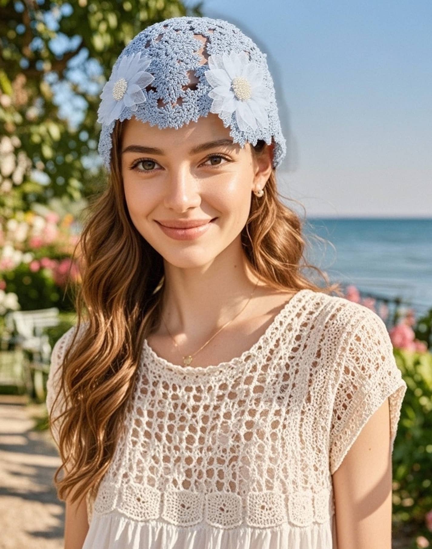 JC Sunny Fashion – wholesale Mössa - Dam – JCH903350 Boho Chic Virkad Hatt med Pärlor & Chiffongblommor3