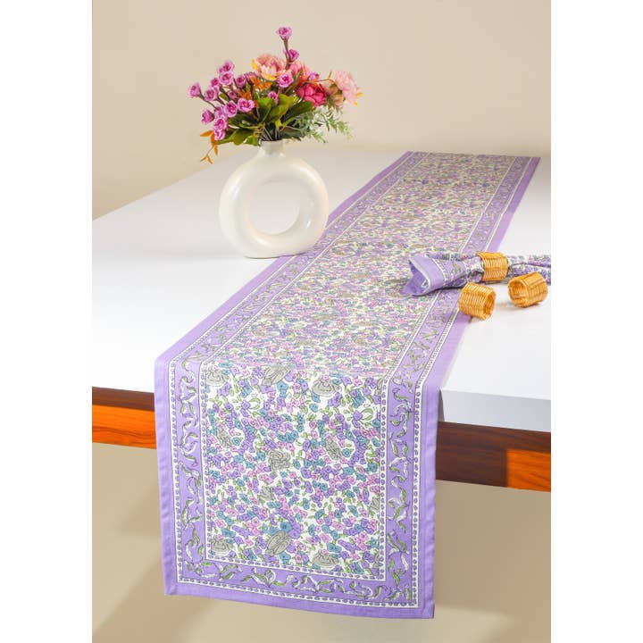 Lavender Blossom Block Print Cotton Table Runner for wholesale by Tiramisu