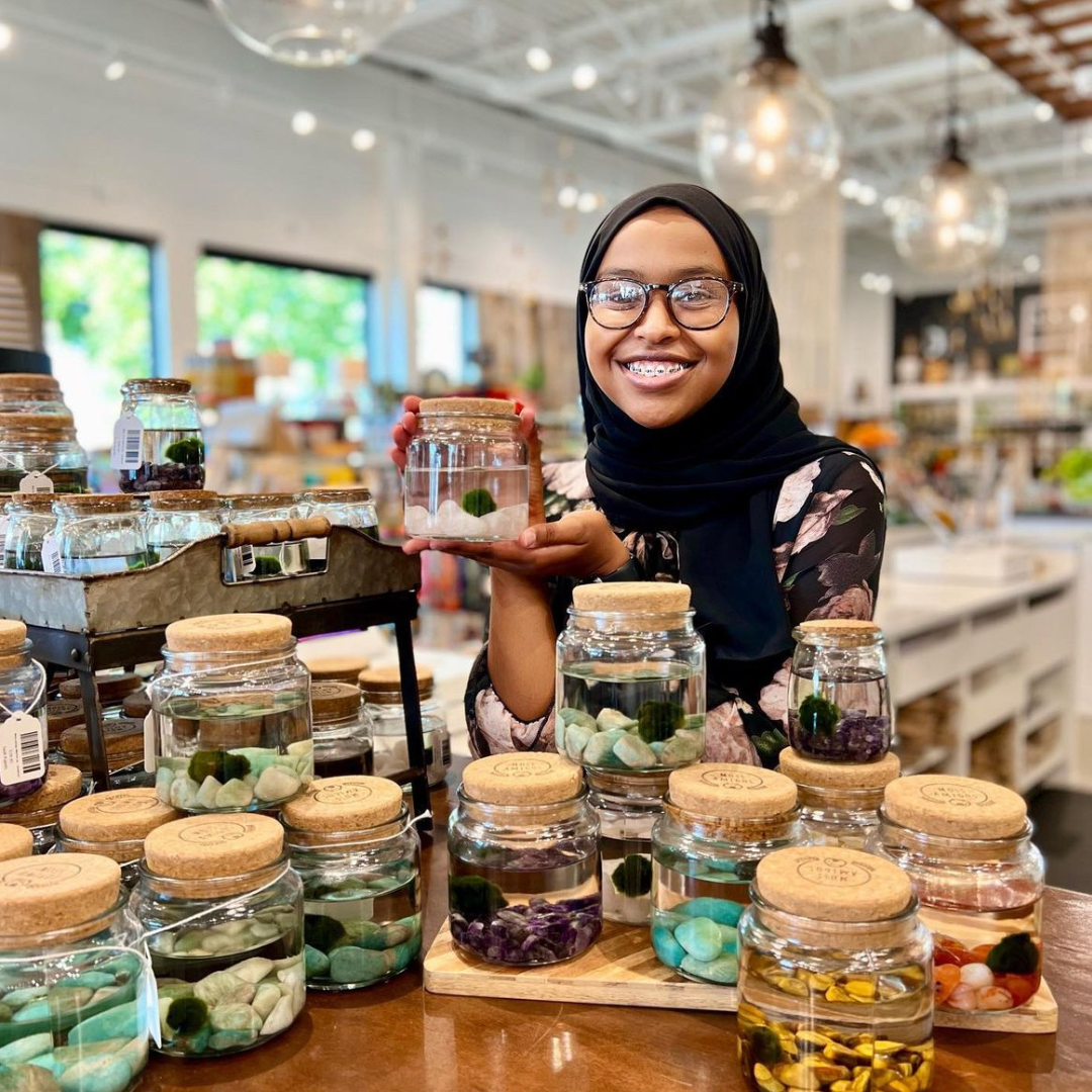 Moss Amigos | Moss Ball Terrariums - Wholesale Live Plant - Large Marimo Moss Ball Terrarium with Rose Quartz Gemstones2