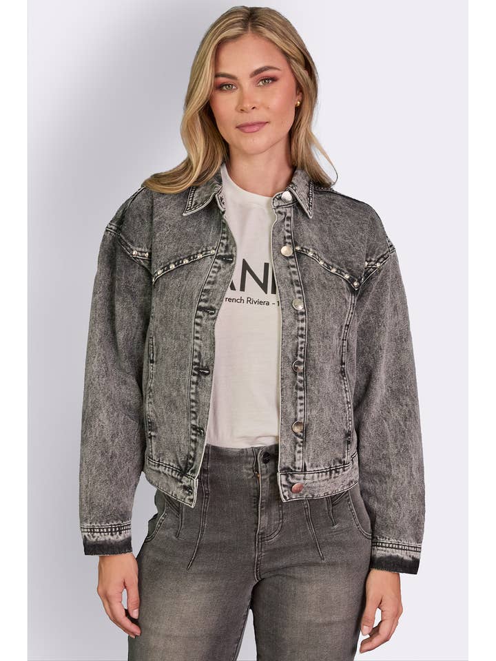 Acid Wash Faded Black Western Stud Denim Jacket for wholesale on Faire