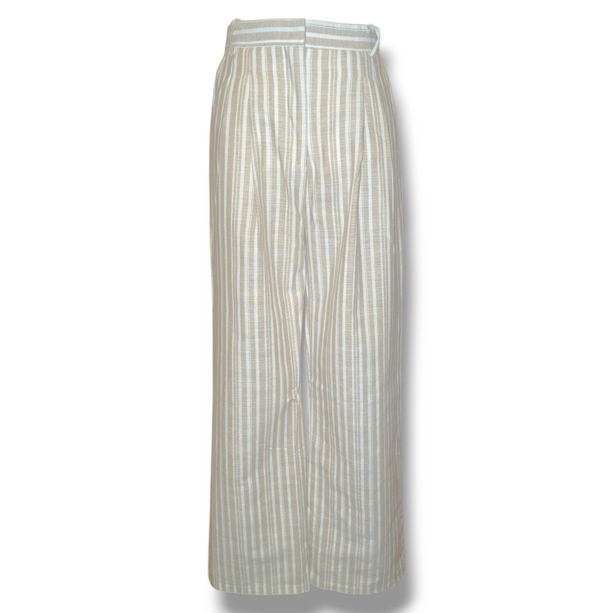 NINEF - Wholesale Pants - Women's - Gestreepte wijde linnen blend broek – Zwart & Beige7