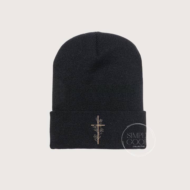 Embroidered Floral Cross knit Beanie for wholesale by Simply Good Collective
