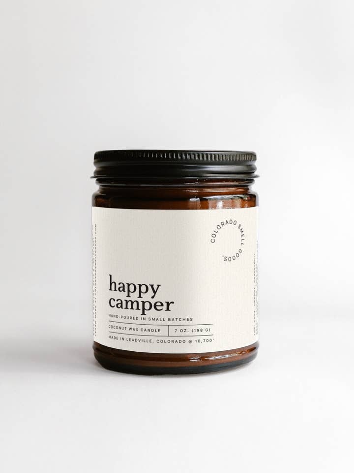 Happy Camper – Amber & Oakmoss Scented Coconut Wax Candle for wholesale by Colorado Smell Goods