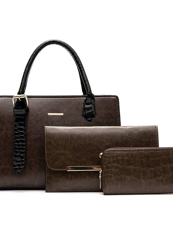 Paloma Faux Crocodile Handbag Set ( 3-Pack) - Brown for wholesale by Savoy Active