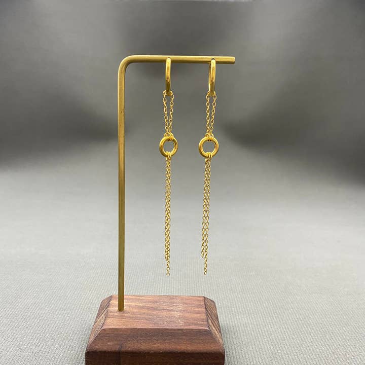 Mio Queena - Wholesale Huggie earrings - 18K Golden Chain Fringe SS Double Loop Huggie Earrings - FGS