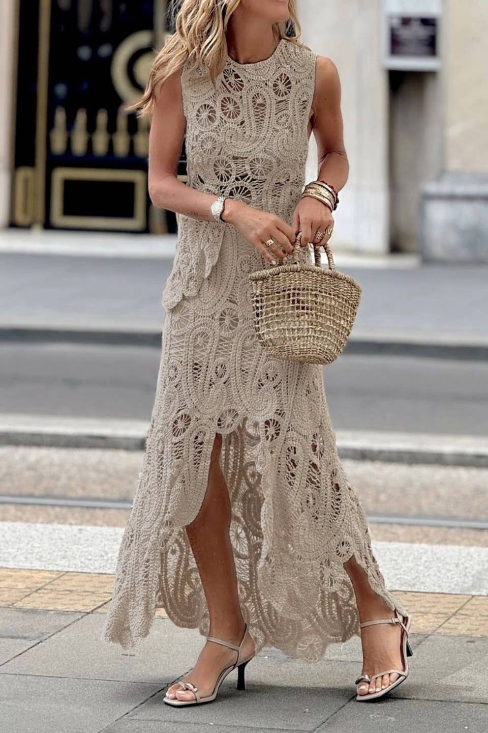 Rosa Clothing - Wholesale Top & Skirt Set - Women's - Bohemia Cut-Out Lace Irregular Vest Top Skirt Set0