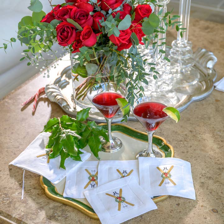 Arte Italica & Crown Linen Designs - Wholesale Coasters - Vintage Skis Cocktail Napkin Set - NEW1