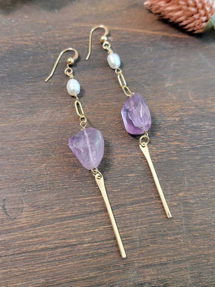 Pearl and Amethyst Dangle Earrings for wholesale by Leo Eleven Jewelry