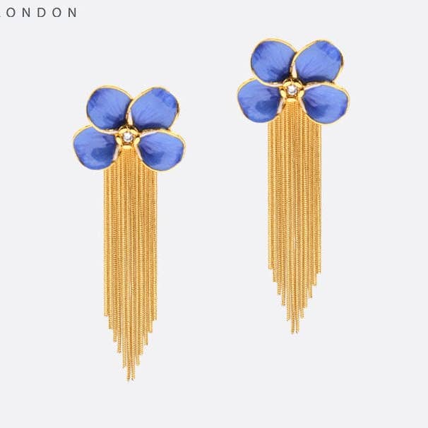 Sahi Gold Emaillen Bloem Blauw-Violet Kwastjes Oorbellen voor wholesale door SAHI LONDON LTD