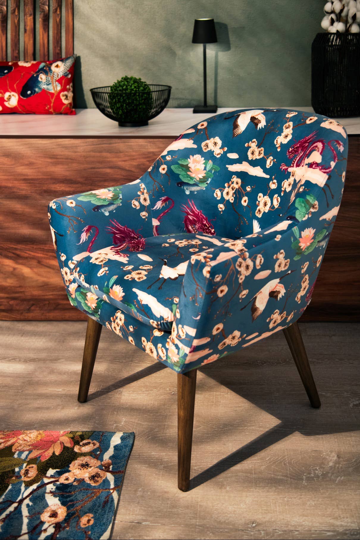 Bergamaschi & Vimercati S.p.a. - Wholesale Chair - Fuji Excelsa armchair in plywood and velvet-effect polyester – Multicolor print with oriental motifs1