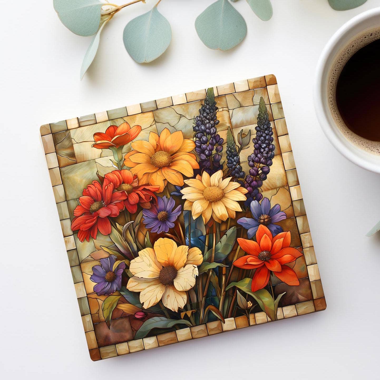 Fernville Creations - Wholesale Coasters - Floral Mosaic Ceramic Coaster with Tile Art Decor6