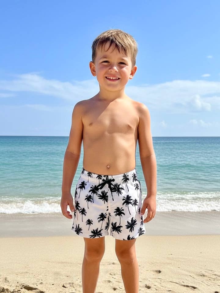 Boy's Swim Short-BP285_ Blk Palms on White for wholesale by MARINA WEST SWIM