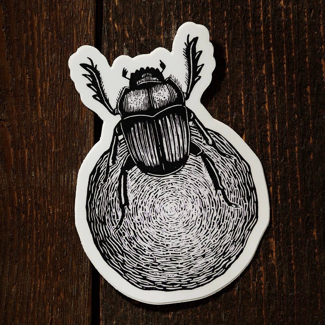 Dung beetle linocut sticker for wholesale by Anomal Press