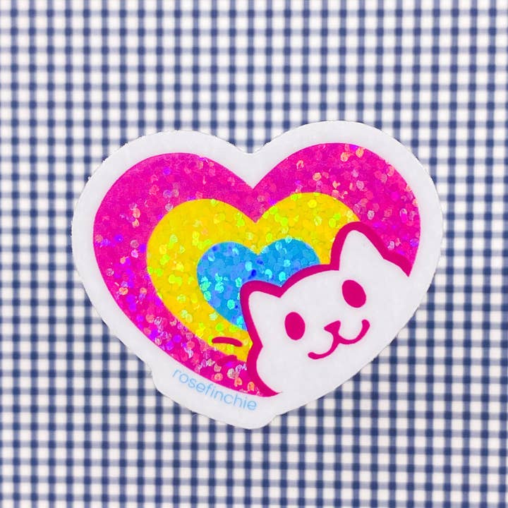 Pan Pride Cat Heart - 2” LGBT Glitter Sticker for wholesale by rosefinchie