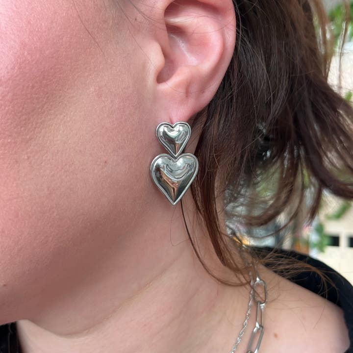 Silver Double Heart Earrings for wholesale by TNT Goods