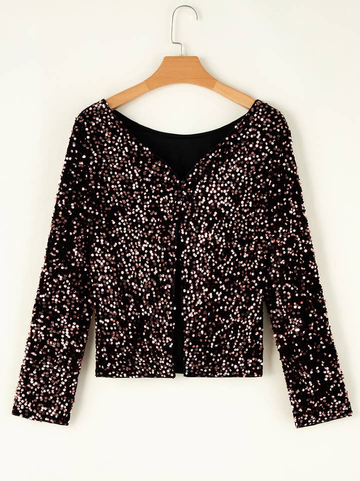 Black Sequin Long Sleeve Cutout Back Top for wholesale on Faire